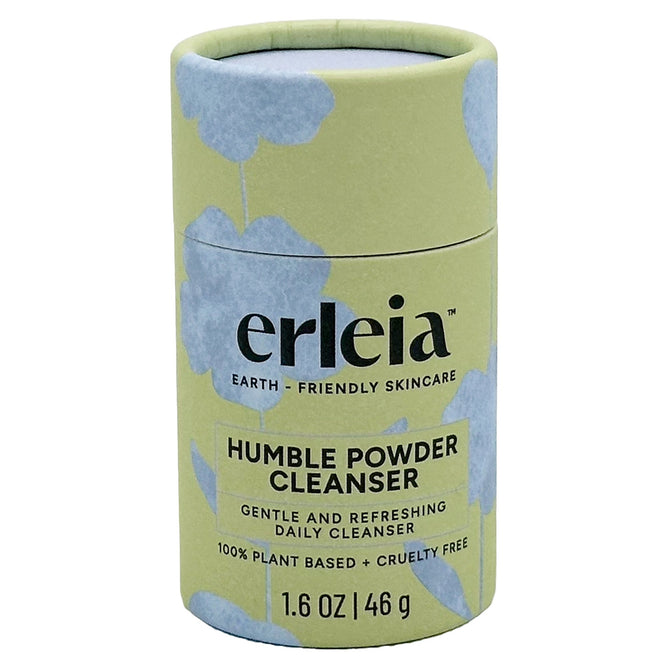 Erleias Humble Powder Cleanser comes in a 1.6 oz/46 g cylindrical container with a light green and blue floral design, highlighting Earth-Friendly Skincare and 100% Plant Based + Cruelty Free, while being plastic-free. Ideal for daily cleansing.