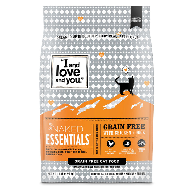 The Cat Kibble - Naked Essentials - Chicken & Duck by I and Love and You features USA farm-raised chicken and duck, suitable for all life stages. This 11 lb (4.99 kg) grain-free dry cat food has eye-catching orange and gray packaging with mountain graphics, providing a healthy meal for your cat.