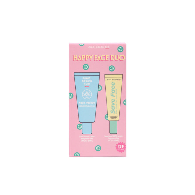 The Miami Beach Bum Happy Face Duo box, in pink with small green circles, includes a blue Face Rescue tube and a yellow Save Face tube. The set features SPF 30 and hyaluronic acid for added skincare benefits and hydration.