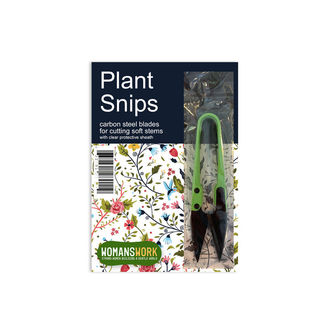 The Womanswork Plant Snips have a floral design with birds on the packaging, green handles, and high carbon steel blades. Perfect for houseplant care and cutting soft stems, they come with a clear safety sheath.