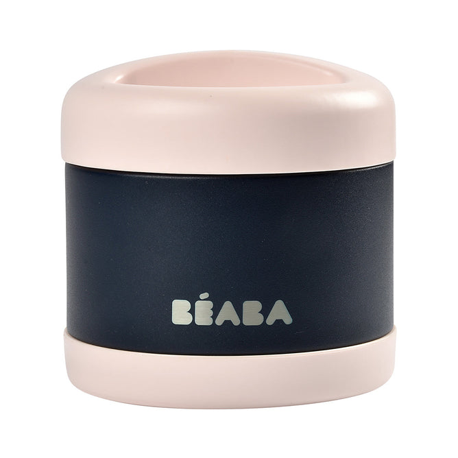 A sleek, leakproof black cylinder with soft pink edges displays BEABA in white. The BEABA Insulated Stainless Steel, Kid Friendly Food Container Jar features a minimalist design with smooth surfaces and rounded top and bottom for temperature-controlled meals.
