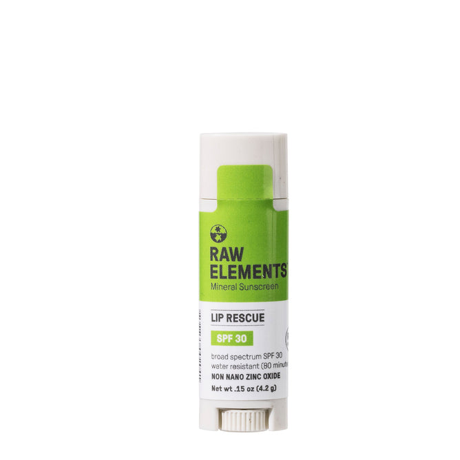 Raw Elements Outdoor Lip Rescue - SPF 30 provides broad-spectrum protection using all-natural ingredients. Packaged in a white tube with a green label, it offers 80 minutes of water resistance and includes non-nano zinc oxide. The net weight is 0.15 oz (4.2 g).