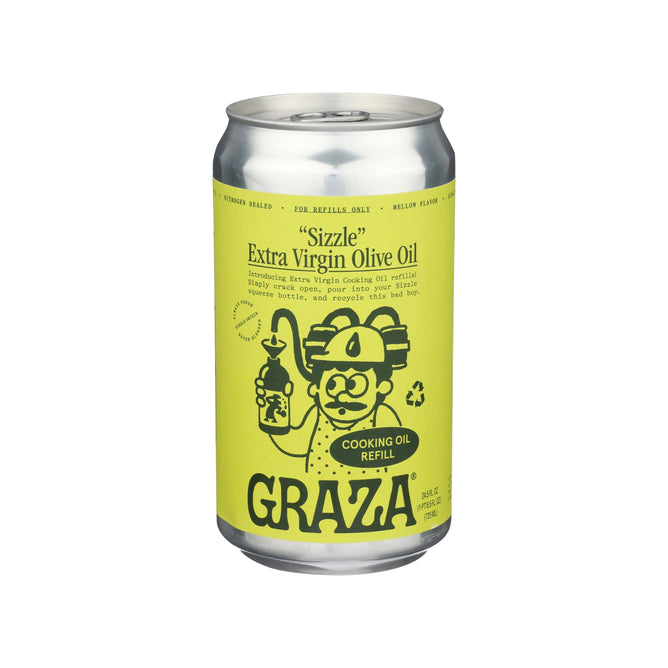 A bright yellow can labeled Graza features a cartoon chef holding an olive oil bottle, promoting Sizzle Extra Virgin Olive Oil - Refill. Its highlighted as recyclable and ideal for eco-conscious chefs.