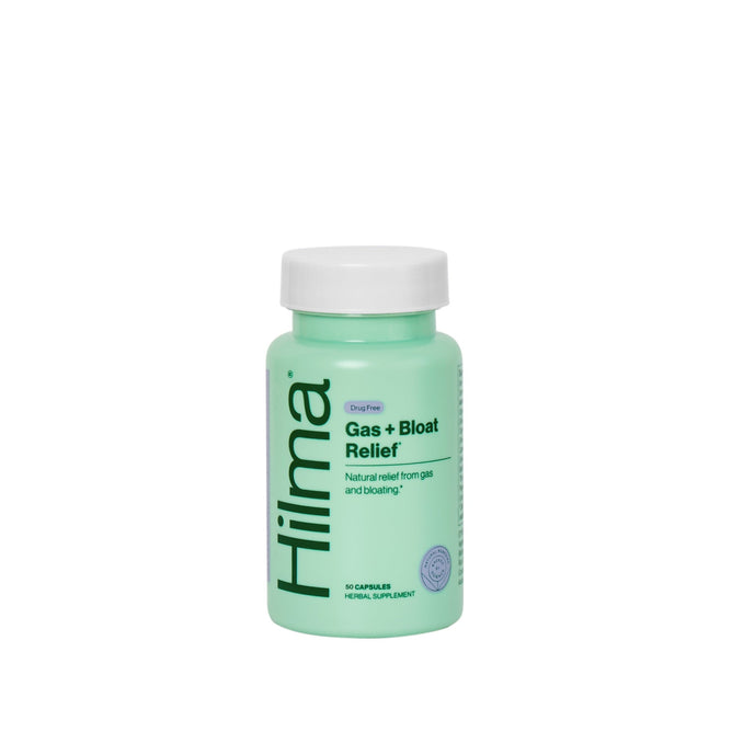 The Gas + Bloat Relief product by Hilma is a green bottle with a white cap, containing 50 capsules. This natural, drug-free solution offers relief from gas and bloating for improved digestive comfort.