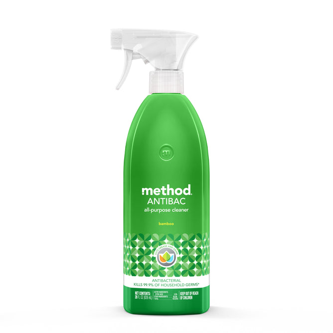 A green Method Antibacterial All-Purpose Cleaner spray bottle features a refreshing bamboo scent and geometric pattern label, highlighting its ability to kill 99.9% of household germs.