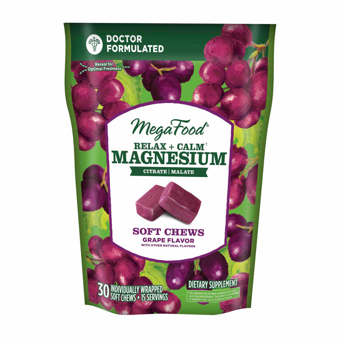 The MegaFood Relax Plus Calm Magnesium Soft Chews come in grape flavor, featuring a doctor-crafted blend of highly absorbable Magnesium citrate and malate. The package displays grape illustrations and contains 30 individually wrapped servings for easy use.