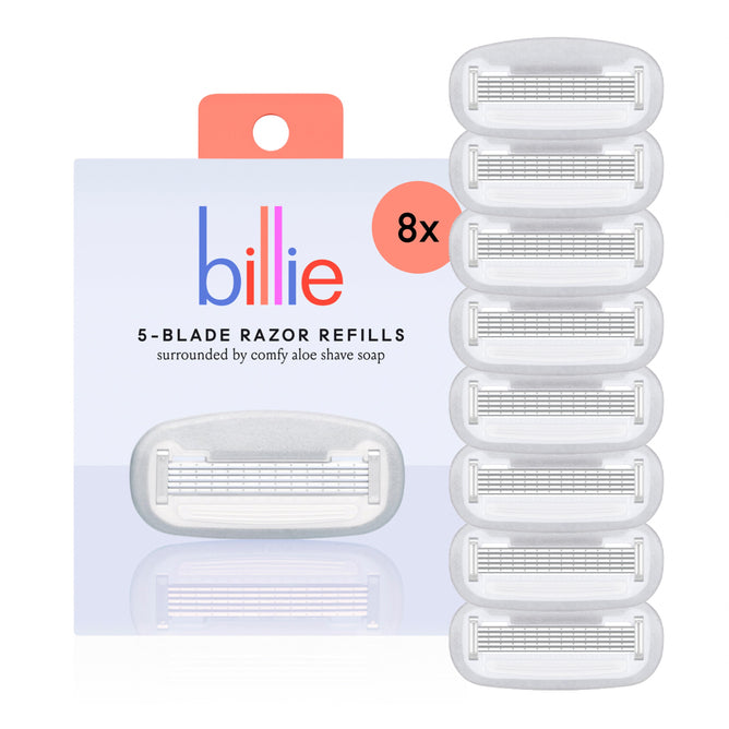 The slick packaging features Billie Women’s Razor 5-Blade Refills, with eight vertically aligned blades on the right. An orange circular 8x label stands out as aloe shave soap surrounds each blade, promising a smooth, soothing shave.
