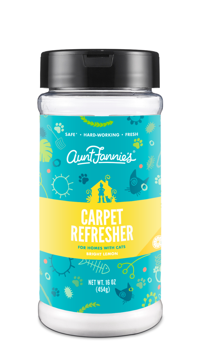 Aunt Fannies Carpet Refresher for Cats comes in a 16 oz (454g) cylindrical container, featuring a bright lemon scent that neutralizes odors. The blue and yellow label has images of a cat and various shapes, making it ideal for freshening up cat beds.