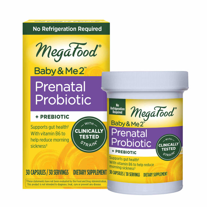 MegaFoods Baby & Me 2 - Prenatal Probiotic Plus Prebiotic comes in a box and container with purple labels. It supports gut health, relieves morning sickness with vitamin B6, includes the LGG probiotic strain in 30 capsules, and requires no refrigeration.