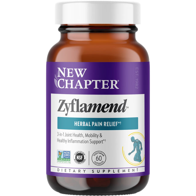 A brown bottle with a white lid is labeled Zyflamend™ Herbal Pain Relief by New Chapter, highlighting benefits for joint health, inflammation relief, and mobility support. The label features non-GMO and NSF certifications and contains 60 capsules.
