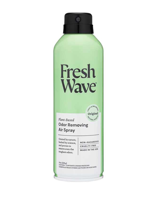 Fresh Waves eco-friendly Odor Removing Air Spray comes in a green can with Plant-Based and Original labels. Its a non-hazardous, cruelty-free odor neutralizer made in the USA, featuring white text and a dark green cap.