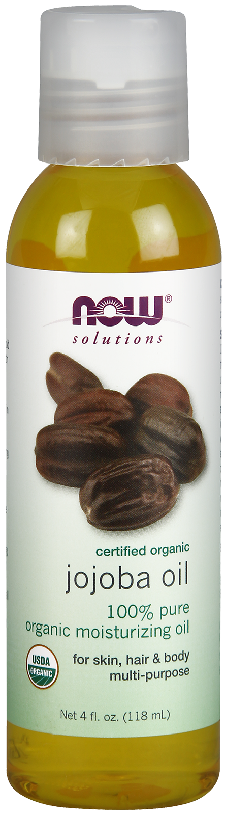 A 4 fl. oz. (118 mL) bottle of Nows Organic Jojoba Oil, 100% pure and versatile for skin, hair, and body, features jojoba seeds and certification logos on the label to highlight its organic quality.