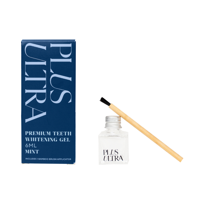 The image shows Plus Ultras Teeth Whitening Gel + Bamboo Applicator. It includes a 6ml Natural Mint flavored whitening gel for sensitive teeth, a clear bottle of gel, and a bamboo brush applicator. The packaging is blue with white text.