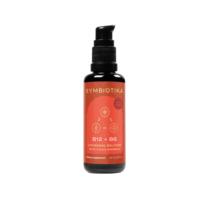 Cymbiotikas Liposomal Vitamin B12 + B6 supplement in a 60 ml (2.03 fl oz) pump bottle features a red label highlighting B12 + B6 Liposomal Delivery with Fulvic Minerals, showcasing icons of a brain, battery, and lightning bolt to emphasize methylation support.
