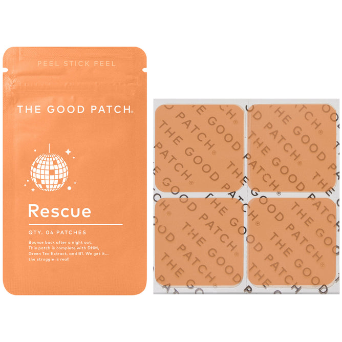 The Rescue Patch by The Good Patch comes in an orange package with four patches. It includes DHM, Green Tea Extract, and vitamin B1 for recovery after nights out and features a small globe illustration for enhanced wearable wellness.