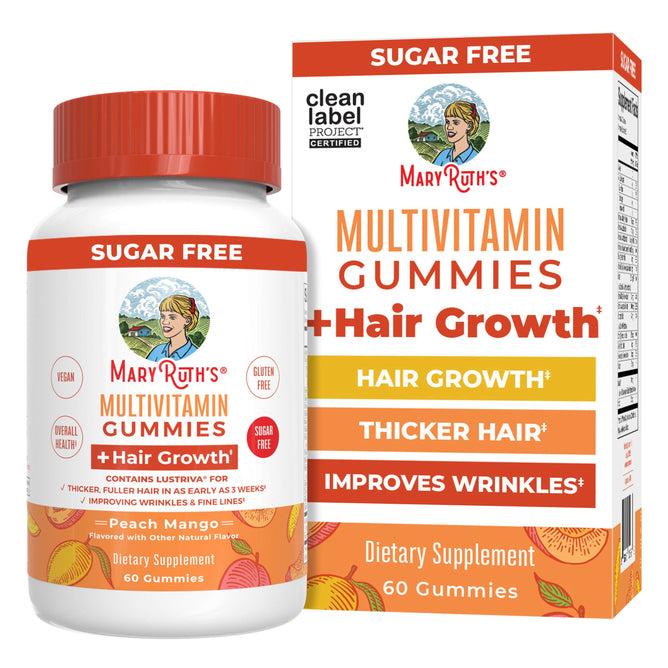 A bottle and box of MaryRuth Organics Multivitamin + Hair Growth Gummies in peach mango flavor, offering 60 sugar-free gummies for thicker hair and smoother skin, as highlighted on the packaging.