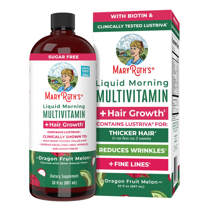 A bottle and box of MaryRuth Organics Morning Multivitamin + Hair Growth Liquid in Dragon Fruit Melon flavor, featuring labels that note benefits like thicker hair, improved skin, reduced wrinkles, and a sugar-free formula.