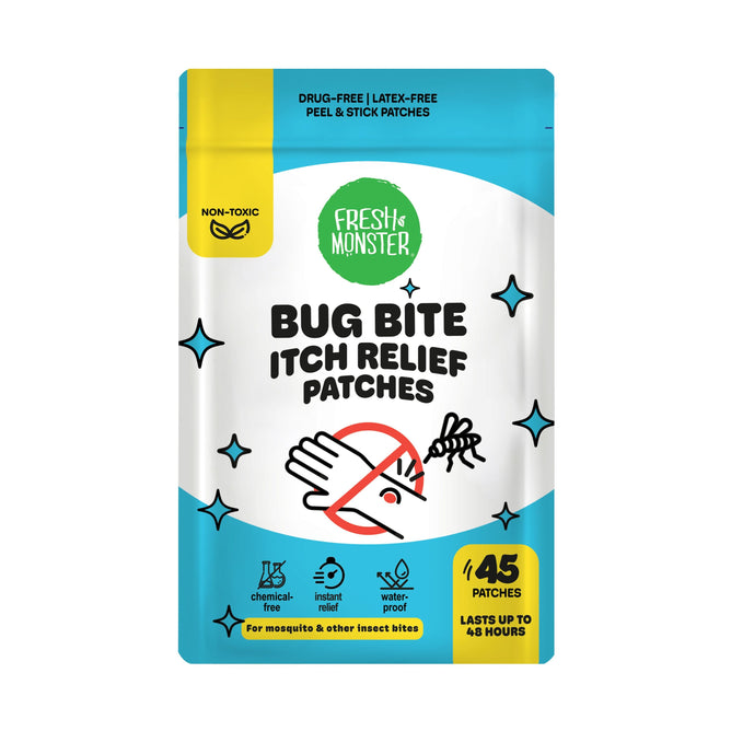 Fresh Monster Bug Bite Itch Relief Patches come in a blue and white bag with a crossed-out mosquito design. Non-toxic with Grid Technology, each package includes 45 patches that provide up to 48 hours of relief from bug and mosquito bites.