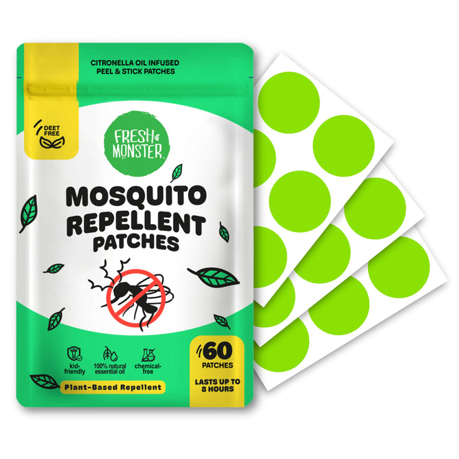 A packet of Fresh Monster Mosquito Protection Patches with three sheets of bright green circles. These DEET-free, plant-based patches contain citronella oil, have chemical-free ingredients, and offer 8-hour natural mosquito protection.
