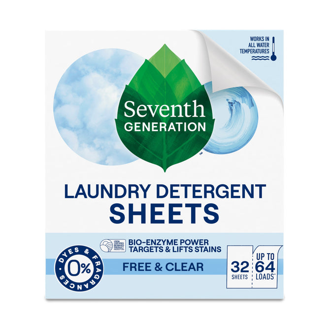 Seventh Generation Laundry Detergent Sheets, Free & Clear, use bio-enzyme power to target and lift stains. Hypoallergenic and free from dyes and fragrances, they are suitable for 64 loads and effective in all water temperatures.