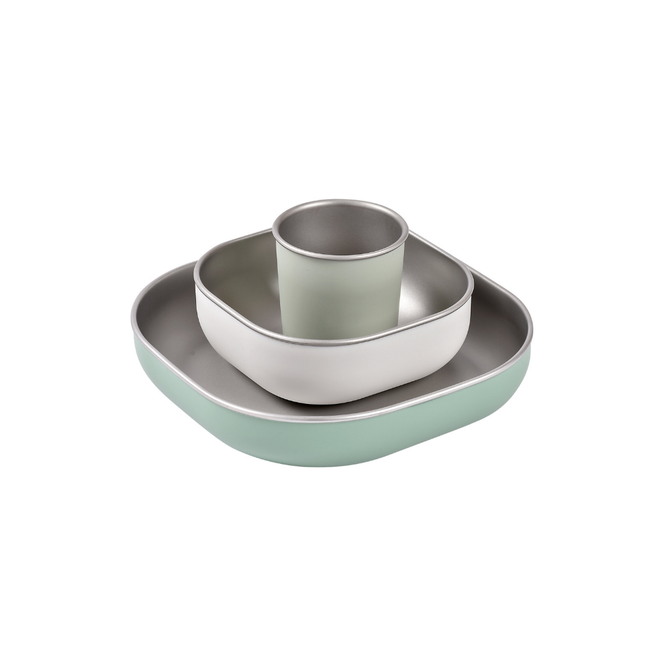 The BEABA Stainless Steel Meal Set includes three nested BPA-free dishes: a large light green square bowl, a medium off-white square bowl, and a small round pale green cup—all with smooth, rounded edges—displayed on a white background.