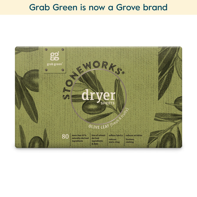 A box of grab green Stoneworks Dryer Sheets - Olive Leaf (Coming Soon!) features 80 eco-friendly, naturally derived sheets that soften fabrics and reduce static-cling, with packaging decorated by green olive leaves and olives.