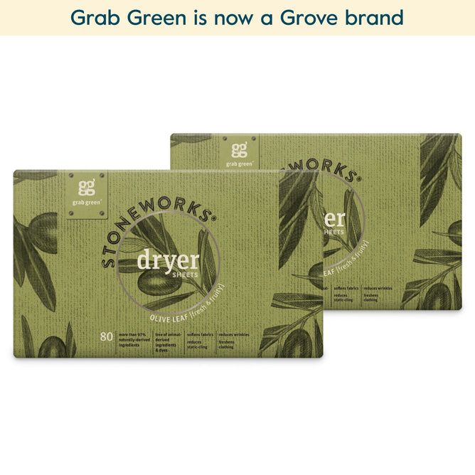 Two packs of grab green Stoneworks Dryer Sheets in Olive Leaf (Coming Soon!) are pictured on a white background. A banner above says, Grab Green is now a Grove brand. These sheets soften fabrics and reduce static cling.
