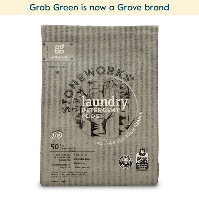 A beige bag of grab green Stoneworks Laundry Detergent Pods - Birch Branch (Coming Soon!) features eco-friendly logos, nature-inspired warm & earthy scents, and contains 50 pods. Text above: Grab Green is now a Grove brand.