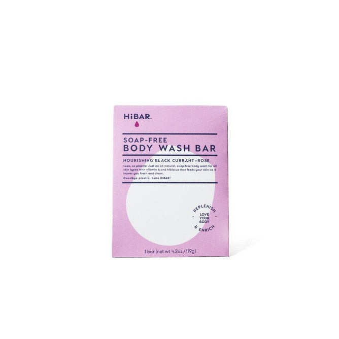 A pink and white HiBAR box labeled Nourish Body Wash Bar (Black Currant + Rose) notes its soap-free, pH-balanced, replenishing, and enriching. Contains 1 bar, net wt. 4.2 oz (119g).