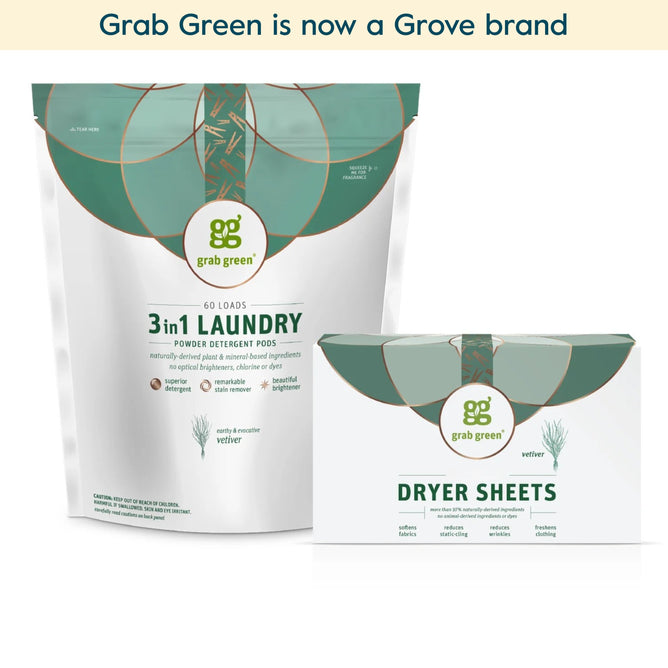 Introducing grab green Classic 3in1 Laundry Detergent Pods + Dryer Sheets - Vetiver (Coming Soon!), now a Grove brand. Features white and green packaging with the new Vetiver fragrance.