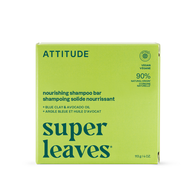 A green box of ATTITUDE super leaves Shampoo Nourishing, a vegan shampoo bar with blue clay and avocado oil. Made with 90% natural origin ingredients, it weighs 113 g (4 oz).