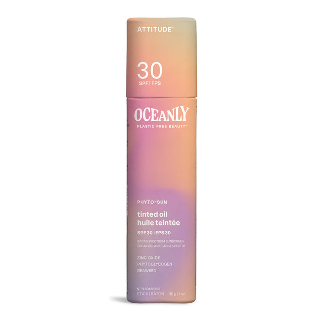 Oceanly PHYTO-SUN Tinted Face Sunscreen Oil SPF 30 by ATTITUDE is a pastel-colored, plastic-free stick. It features broad spectrum, non-nano zinc oxide protection, plus seaweed and vegan collagen-like ingredients.
