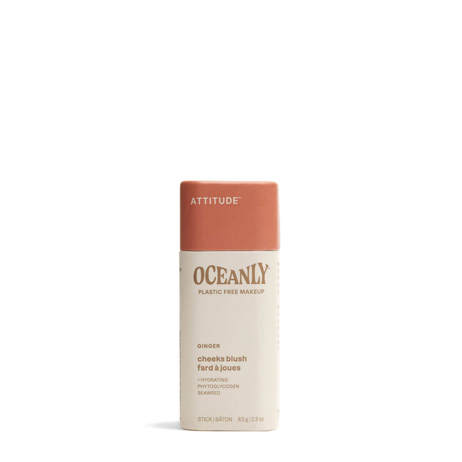 ATTITUDE Oceanly Cheeks Blush in the shade Ginger features beige packaging with a coral-pink cap and minimalist text, enriched with phytoglycogen for a natural, radiant glow on your cheeks.
