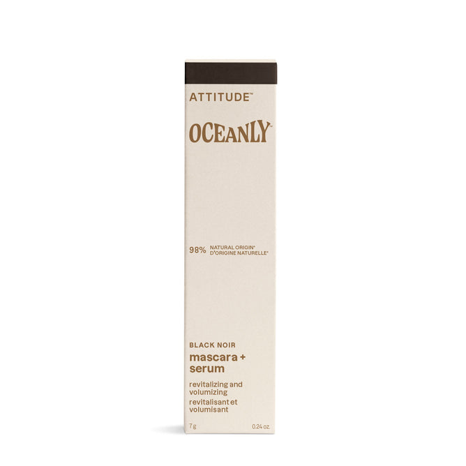 A beige rectangular ATTITUDE box labeled Oceanly Mascara contains a vegan, revitalizing, volumizing mascara and serum made with 98% natural ingredients.