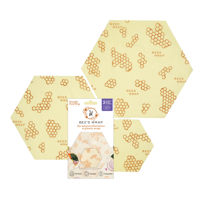 Three Large Wraps from Bees Wrap feature a honeycomb design and branding. The packaging emphasizes their use as reusable food storage wraps and an eco-friendly alternative to plastic.