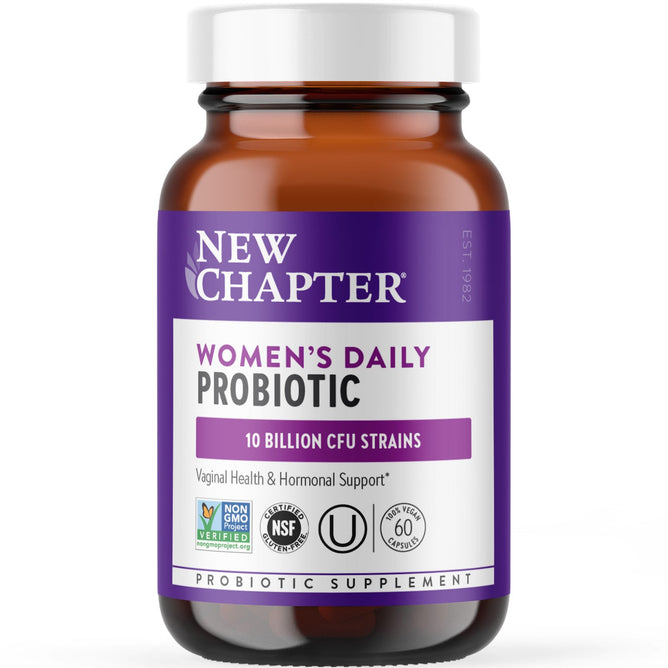 A brown bottle of New Chapter Womens Daily Probiotic features a purple and white label, highlighting 10 billion CFU strains for hormone balance and vaginal health support.