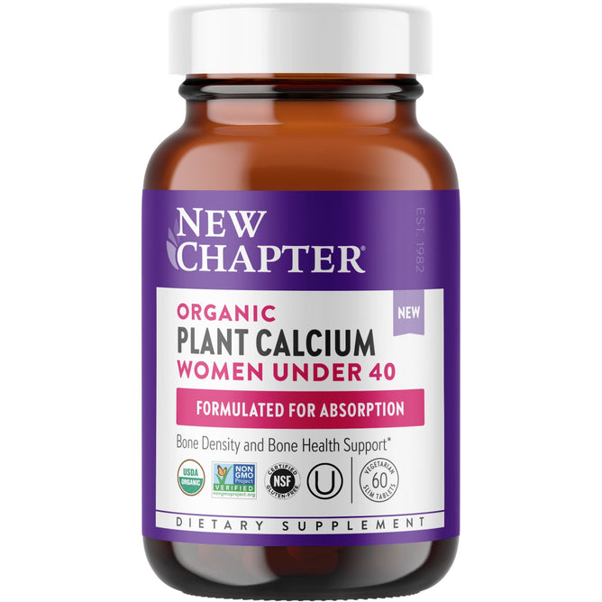 New Chapter Organic Plant Calcium: Women Under 40 is a dietary supplement with 60 tablets. Certified USDA Organic, Non-GMO, NSF, gluten free, and kosher. Formulated for absorption to support bone density.