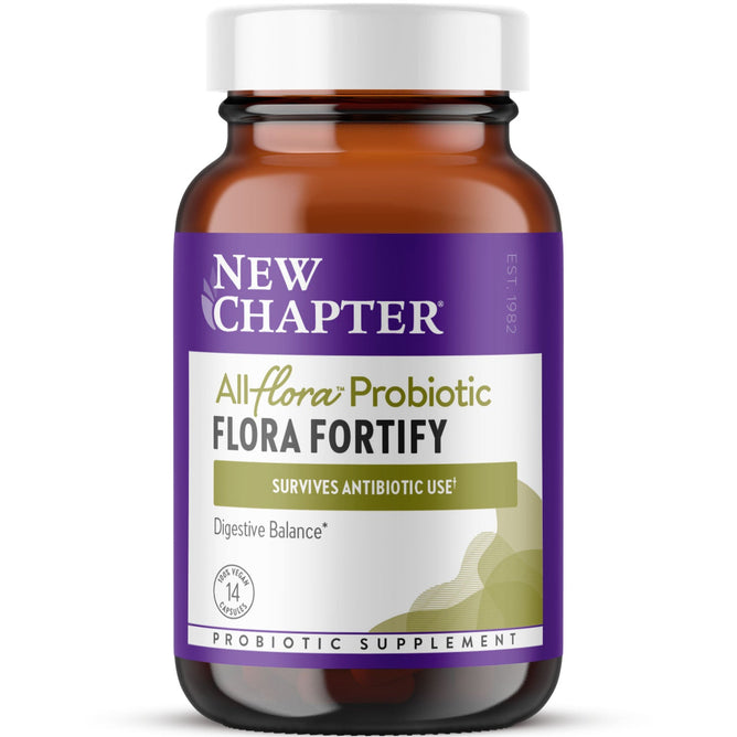 A New Chapter All Flora Probiotic Flora Fortify in a brown glass bottle with purple and white packaging offers gut health benefits, highlighting Survives Antibiotic Use and Digestive Balance. It contains 14 probiotic strains, including Saccharomyces boulardii, for optimal health.