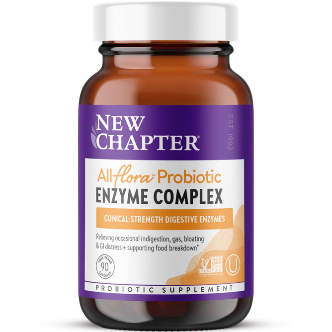 A brown bottle with a white cap labeled as New Chapters All Flora Probiotic Enzyme Complex claims to relieve indigestion and support food breakdown. Its adorned with certification symbols for being non-GMO and NSF-certified.