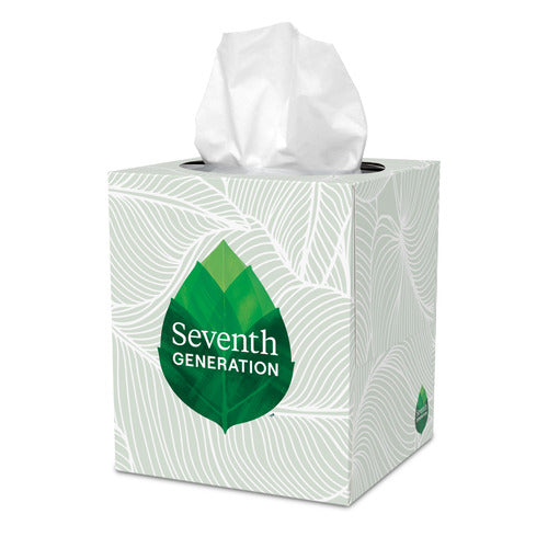 A box of Seventh Generation Facial Tissue with a light green and white leaf pattern, featuring a green leaf logo. Made from 100% recycled paper, the hypoallergenic tissue is partially pulled out from the top.