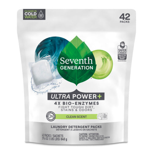 Seventh Generation Ultra Power Plus Laundry Detergent Packs, 42 count, feature a naturally derived formula with 4x bio-enzymes, a clean scent, and fight tough dirt, stains, and odors.