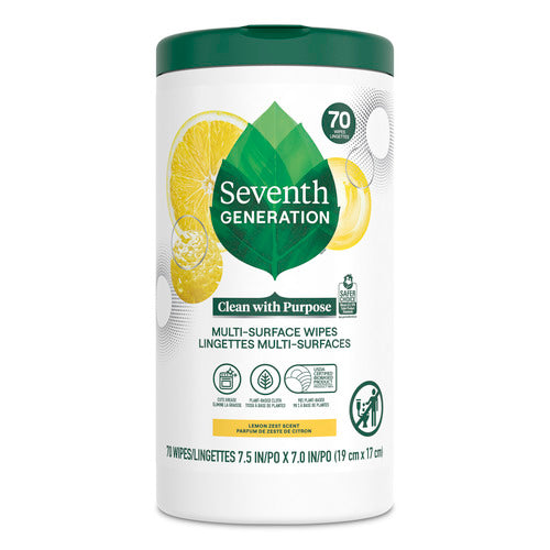 A 70-count container of Seventh Generation Multi-Surface Wipes in lemon zest scent, featuring a USDA Certified Biobased formula for cleaning multiple surfaces with label images of lemon slices and leaves.