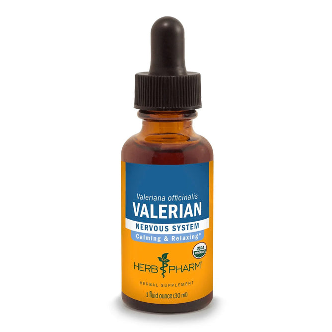 A 1 fl oz (30 ml) brown glass dropper bottle labeled Herb Pharm Valerian, an herbal supplement for calming and relaxing the nervous system.