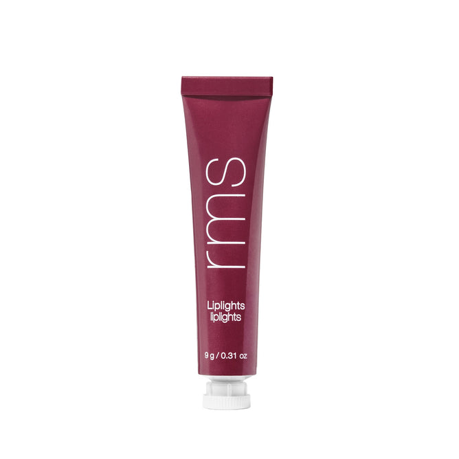 A maroon tube of RMS Beauty Liplights Cream Lip Gloss with white text, made from recycled aluminum, stands upright against a plain white background. The tube features the brand name, product name, and a net weight of 9g (0.31 oz).
