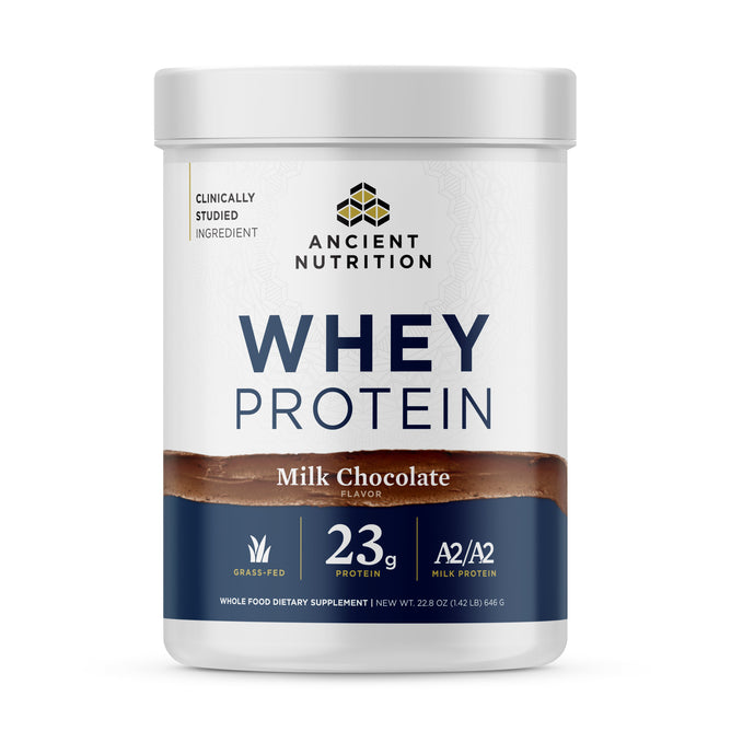 Ancient Nutrition Grassfed Whey Protein - 20srv offers a milk chocolate flavor in a white container, delivering 23g of A2/A2 grass-fed milk protein, ideal for your dietary supplement needs.