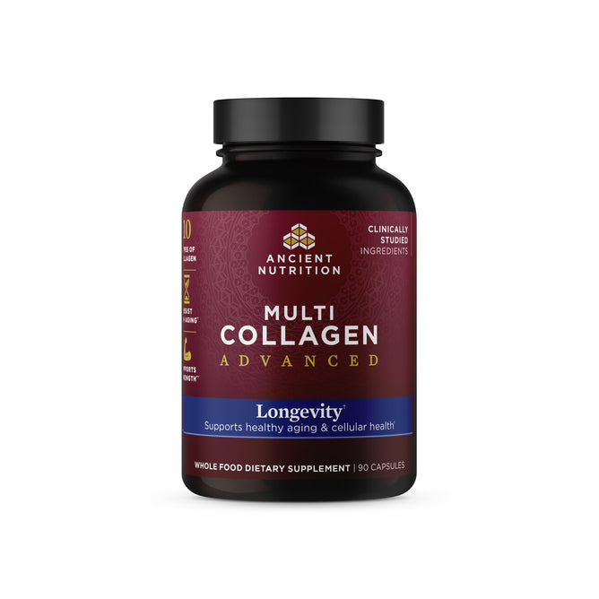 A sleek black bottle of Ancient Nutritions Multi Collagen Advanced - Longevity is displayed, holding 90 capsules aimed at enhancing radiant skin and supporting healthy aging and cellular health.
