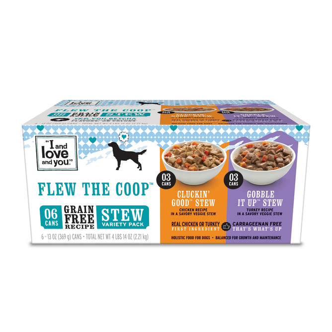 The I and Love and You Cluckin Good and Gobble it Up Stew Grain-Free Combo Pack contains 6 cans of wet dog food with real meat and veggies, featuring playful packaging with a dog silhouette.