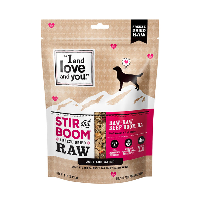 The I and Love and You Stir and Boom Raw Raw Beef Boom Ba is a grain-free dehydrated dog food with a dog silhouette and heart graphics, highlighting raw ingredients. Just add water for a complete, balanced diet for adult maintenance.