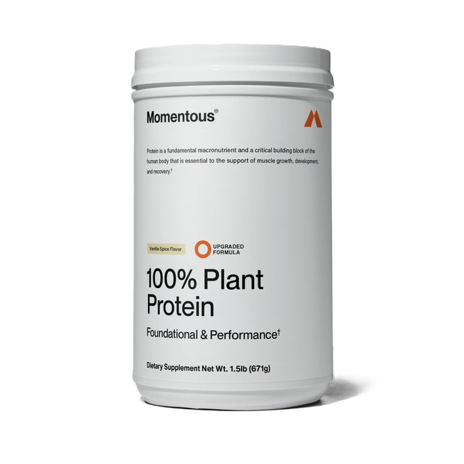 A 1.5 lb (671g) white container of Momentous Plant Protein in vanilla spice, designed for foundational and performance support. NSF Certified for Sport, it provides a complete amino acid profile in minimalist black and orange text packaging.