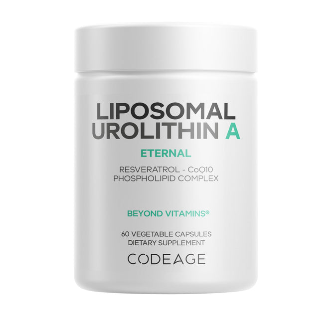 Codeage Liposomal Urolithin A is a white bottle dietary supplement with 60 vegetable capsules, featuring liposomal delivery, Eternal, resveratrol, CoQ10, and Phospholipid Complex.